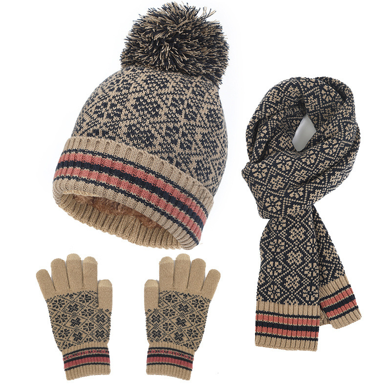 Jacquard Knit Hat Gloves Scarf Three-Piece Set