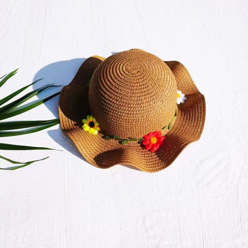 Girl'S Sweet Minimalist Flower Jacquard Straw Hat