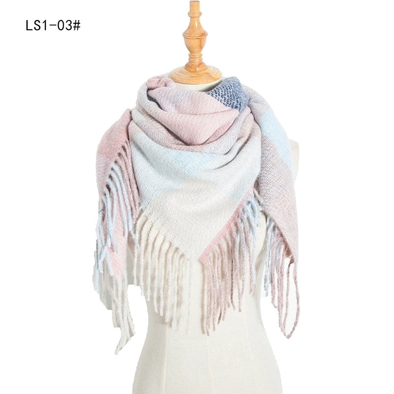 New Circle Yarn Stripe Plaid Polyester Long Tassel Bristle Square Scarf Female Men's Scarf Shawl