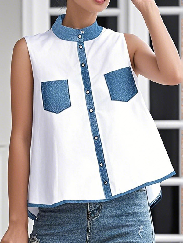 A-Line High-Low Buttoned Contrast Color Pockets Mock Neck Vest Top