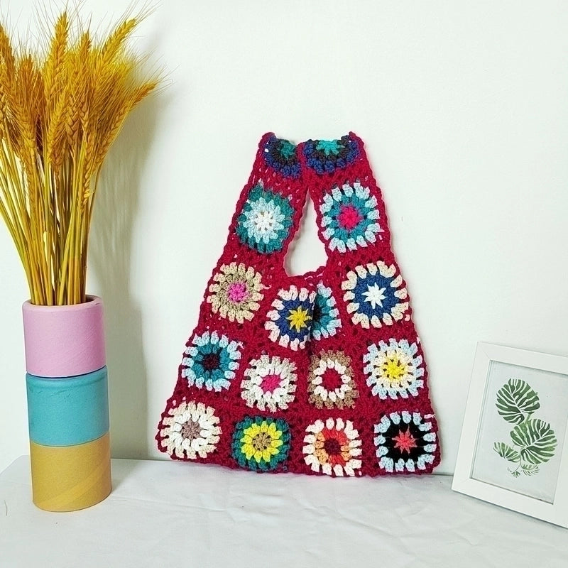 Simple Color Plaid Splicing Flower Tote Bag 33*29cm