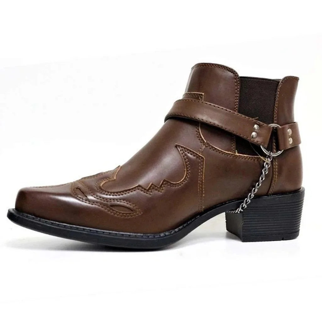Men's Vintage Leather Cowboy Boots – Ankle Strap, Buckle, Motorcycle Style