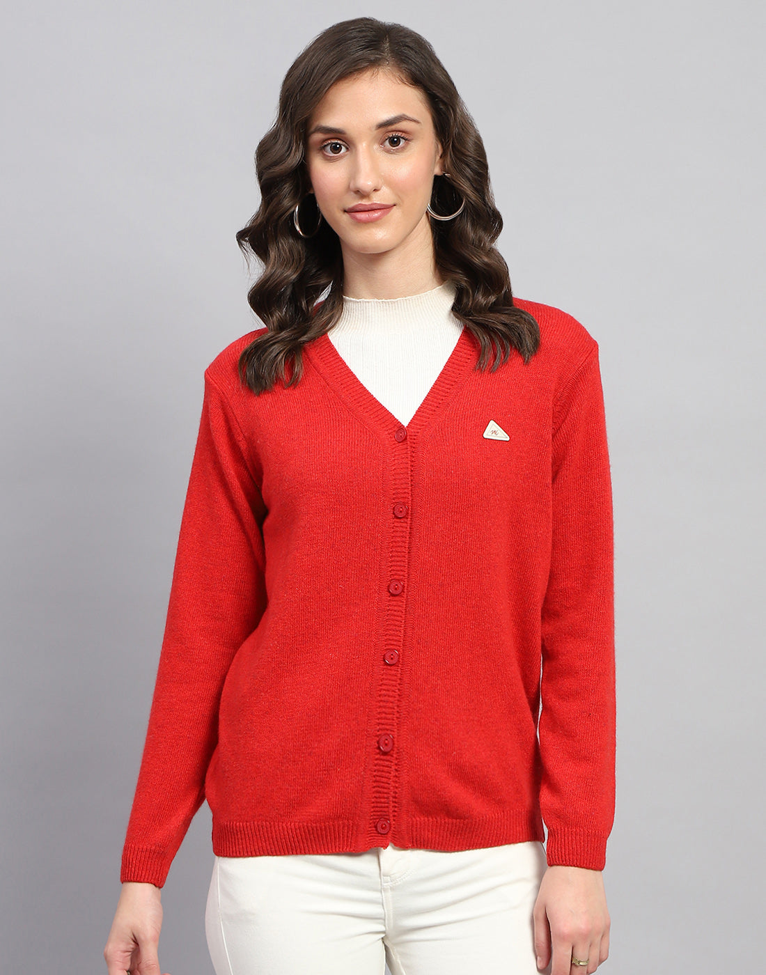 Women Red Solid V Neck Full Sleeve Cardigan