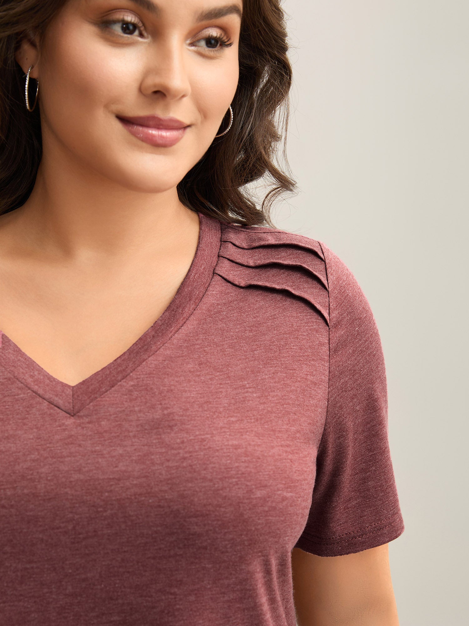 Plicated Detail Shoulder Plain T-Shirt