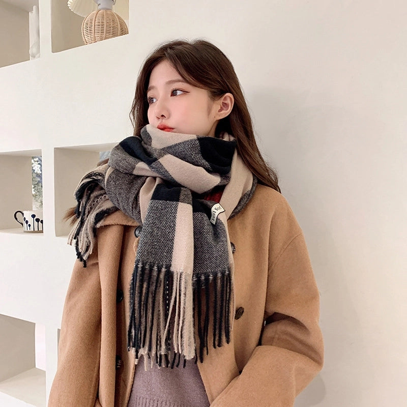 Scarf Women's Winter New Plaid Printed Tassel Imitation Cashmere Scarf Fashionable Mid-length Warm Shawl Scarf