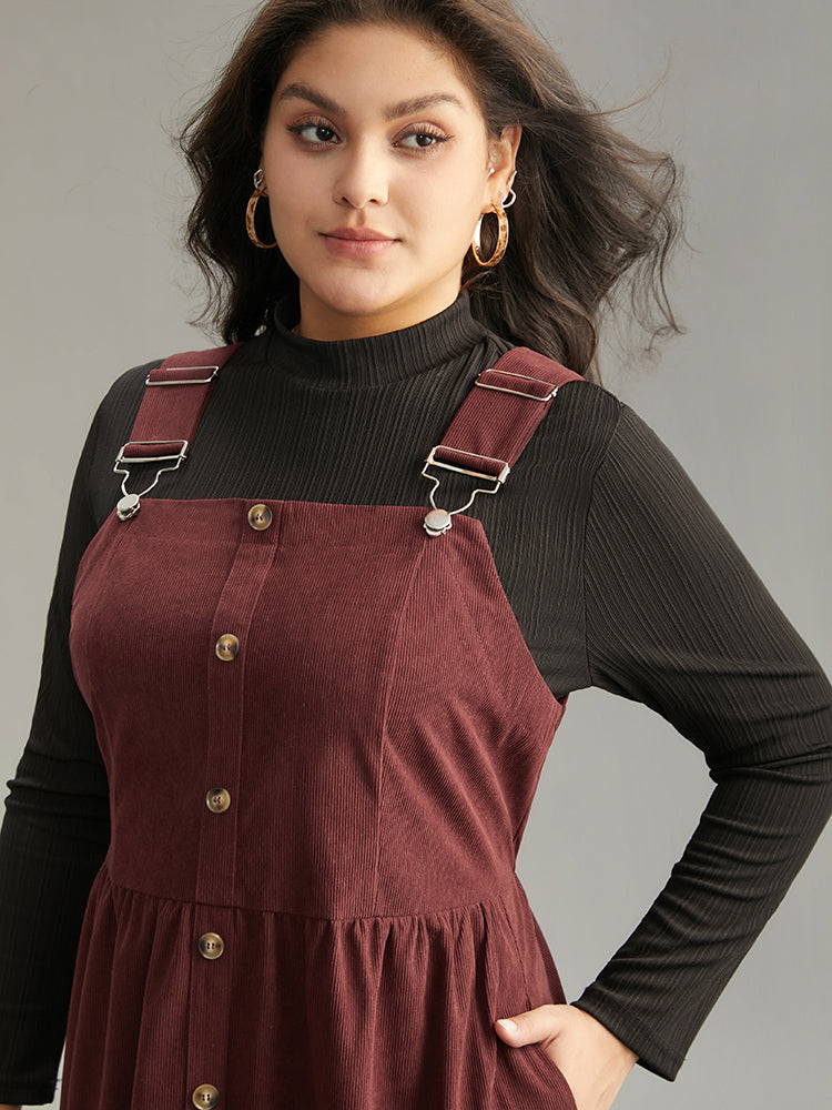 Corduroy Button Detail Ruffles Adjustable Straps Dress