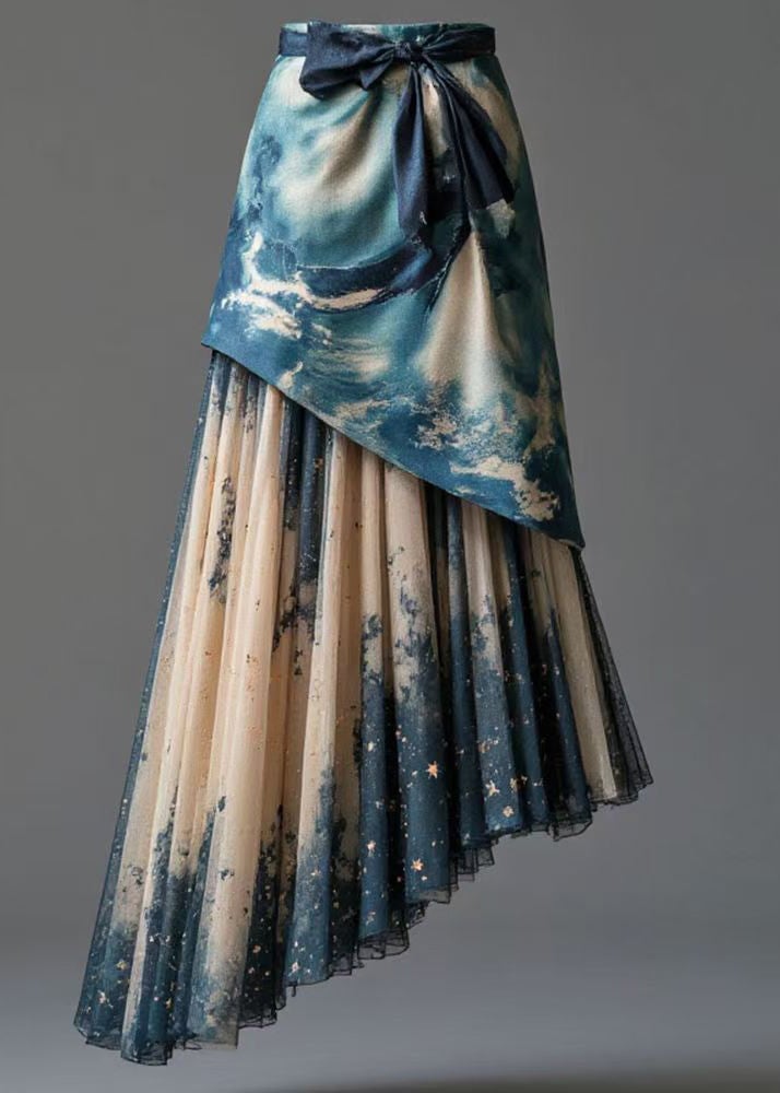 Blue Print Patchwork False Two Pieces Tulle Skirt High Waist Summer