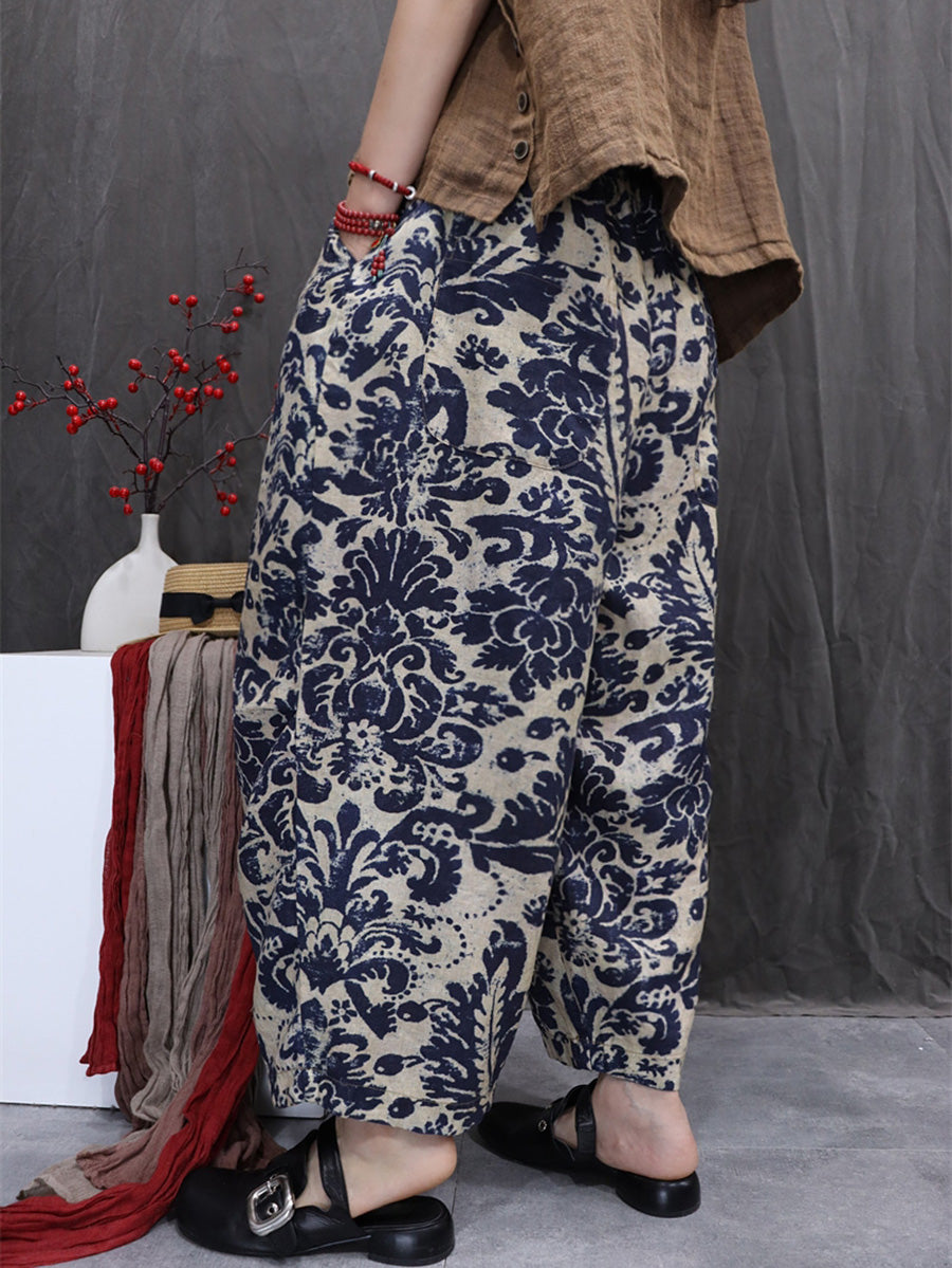 Women Artsy Summer Flower 100%Linen Harem Pants