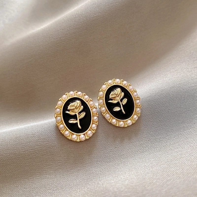 3 Pieces Sweet Heart Shape Rose Flower Inlay Imitation Pearl Alloy Rhinestones Earrings