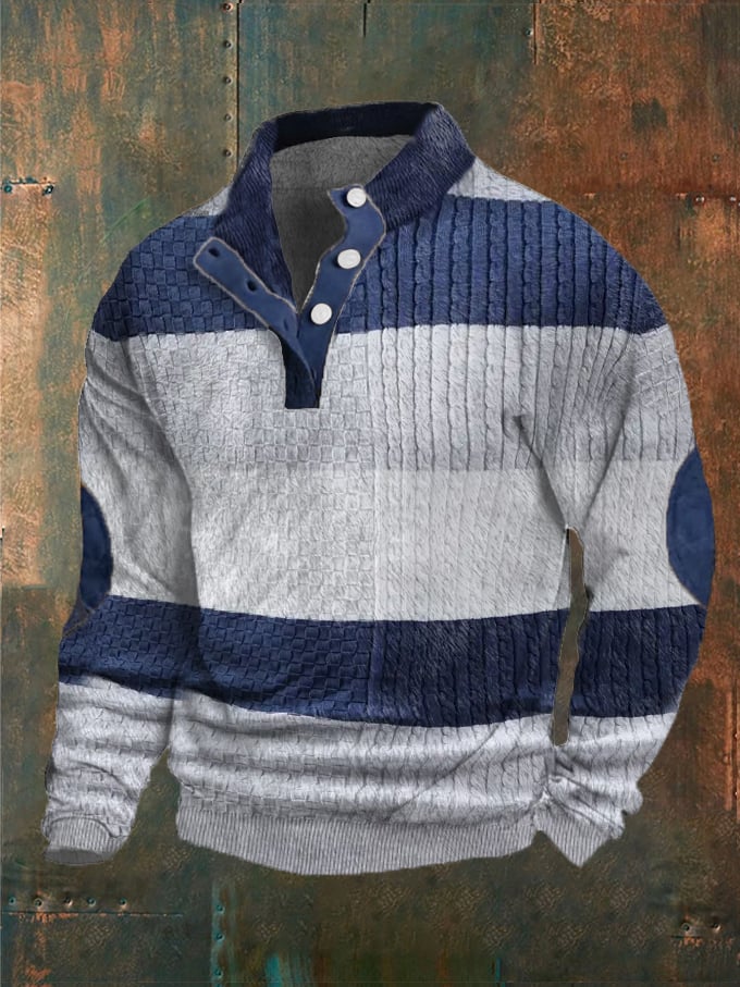 Men's Color Matching Print Button Stand Collar Sweatshirt