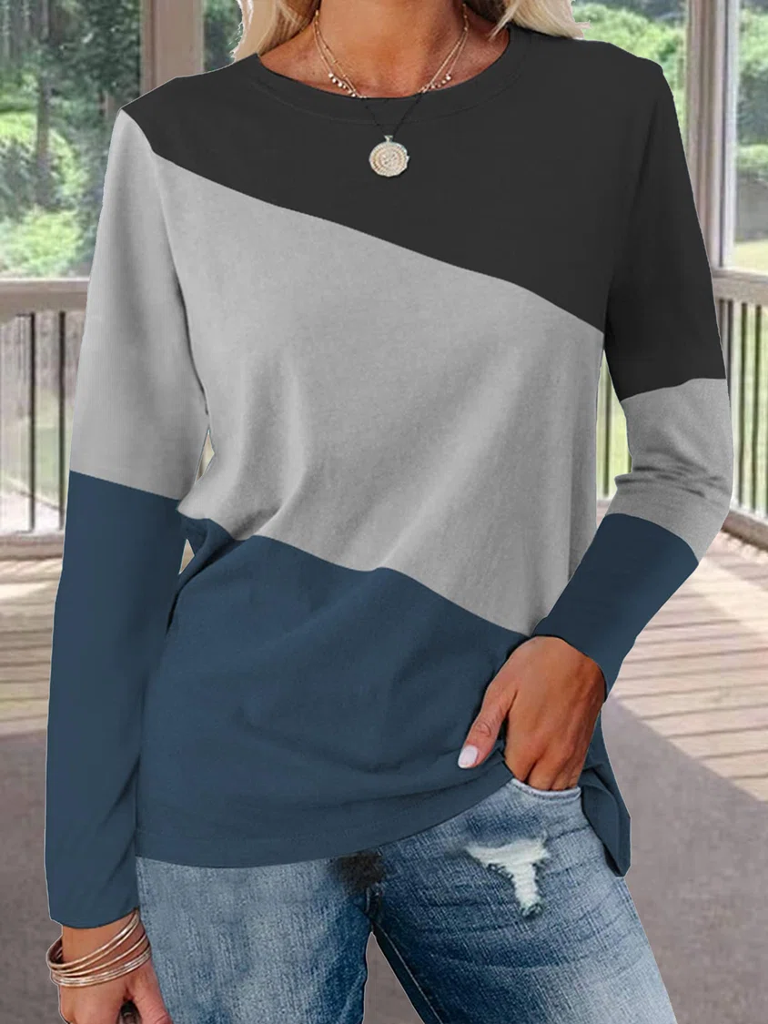 Crew Neck Color Block Casual Long Sleeve T-Shirt/Tee