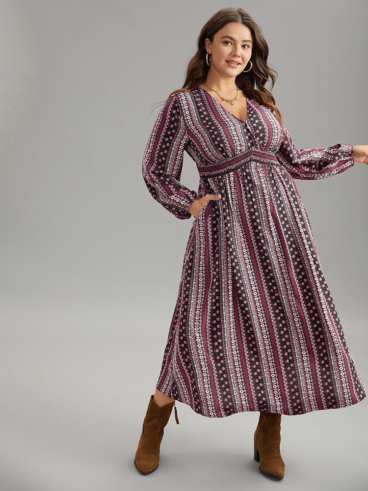 Bandana Print Wrap Shirred Dress
