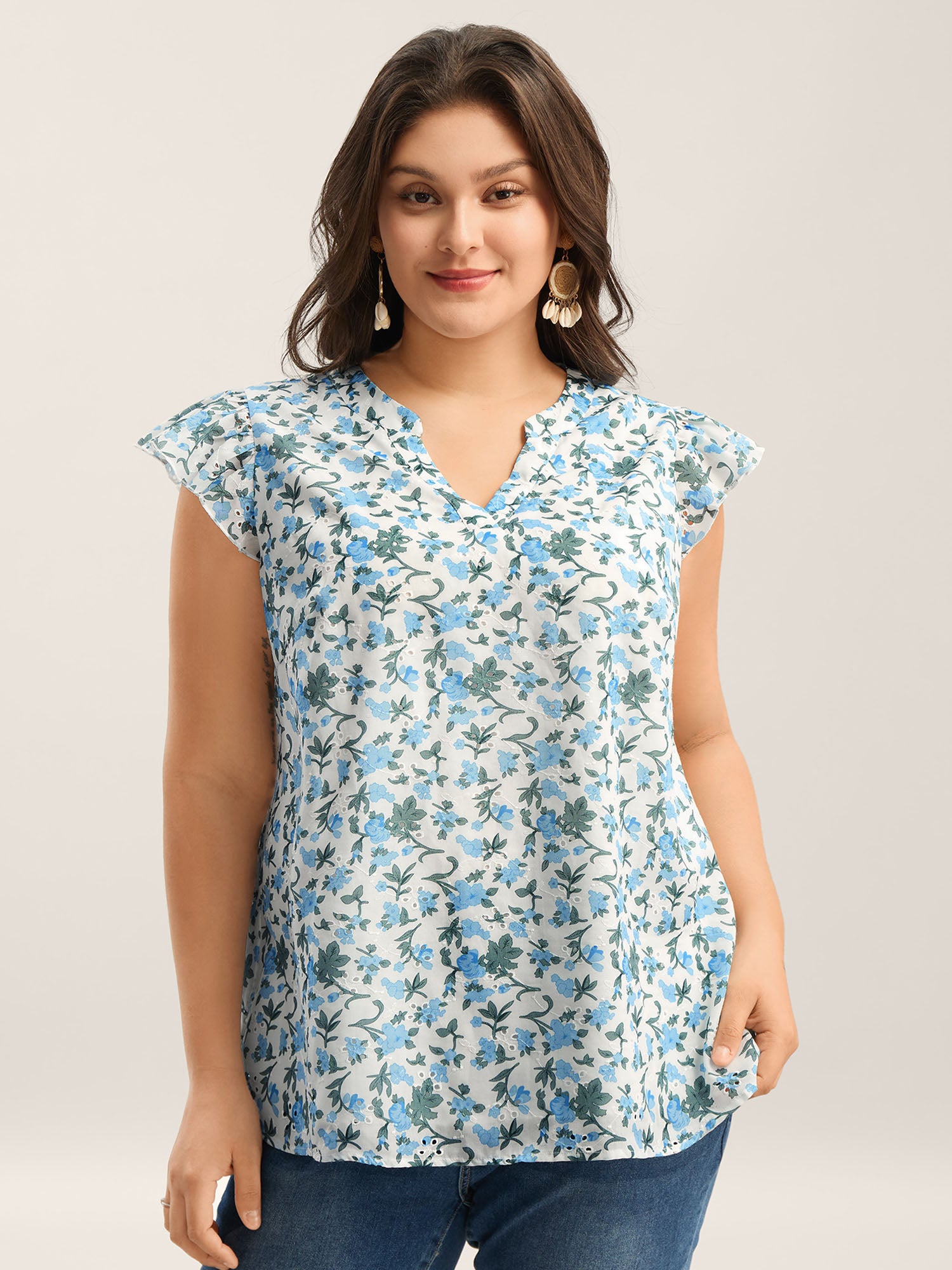 Embroidered Floral Split Neck Tank Top