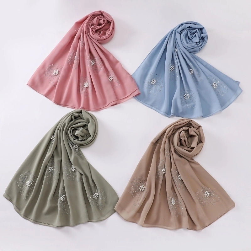 New Flower Hot Drilling Nail Bead Scarf Pearl Chiffon Muslim Scarf Middle East Hui Hijab Long Scarf