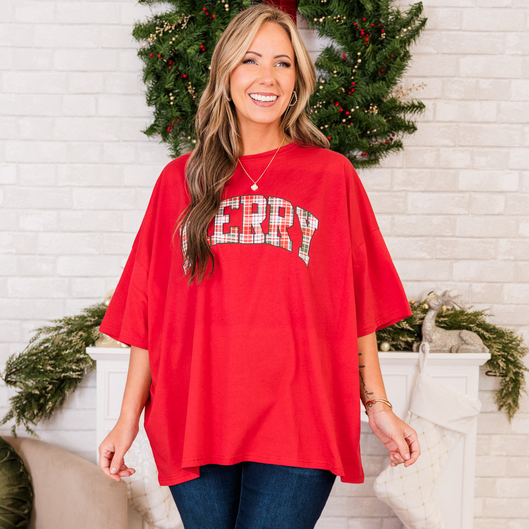 Merry and Plaid Boyfriend Tee. Red