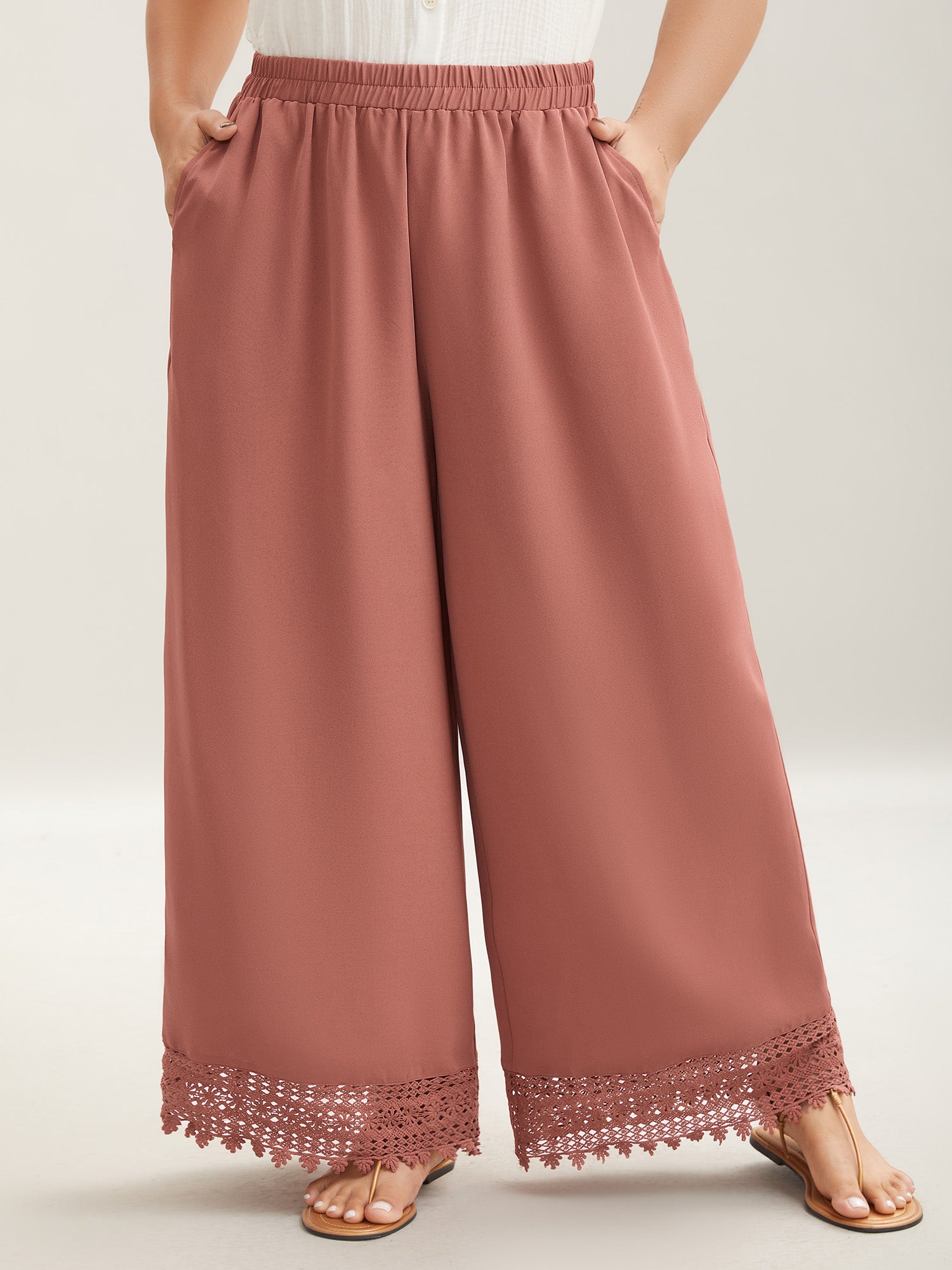 Lace Hem Wide-Leg Pocket Pants