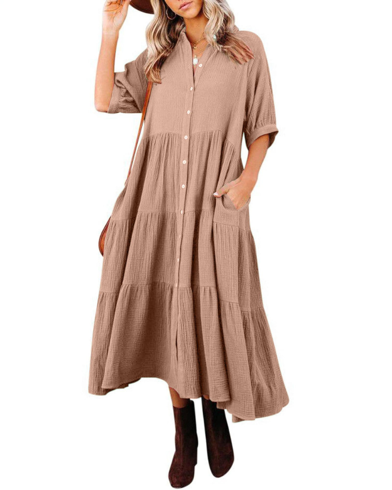 Summer Cotton Half Sleeves Midi Dress with Pockets