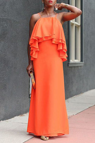 Casual Straps Sleeveless Ruffled Sundress Backless Maxi Dress