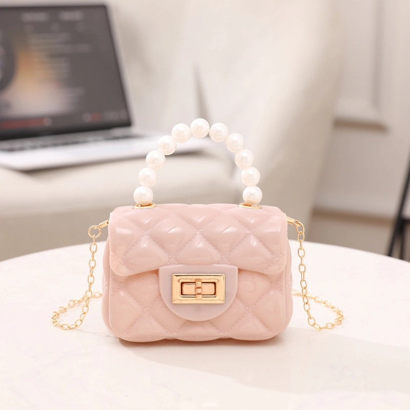 Women's PVC Solid Color Cute Beading Pearls Square Lock Clasp Crossbody Bag
