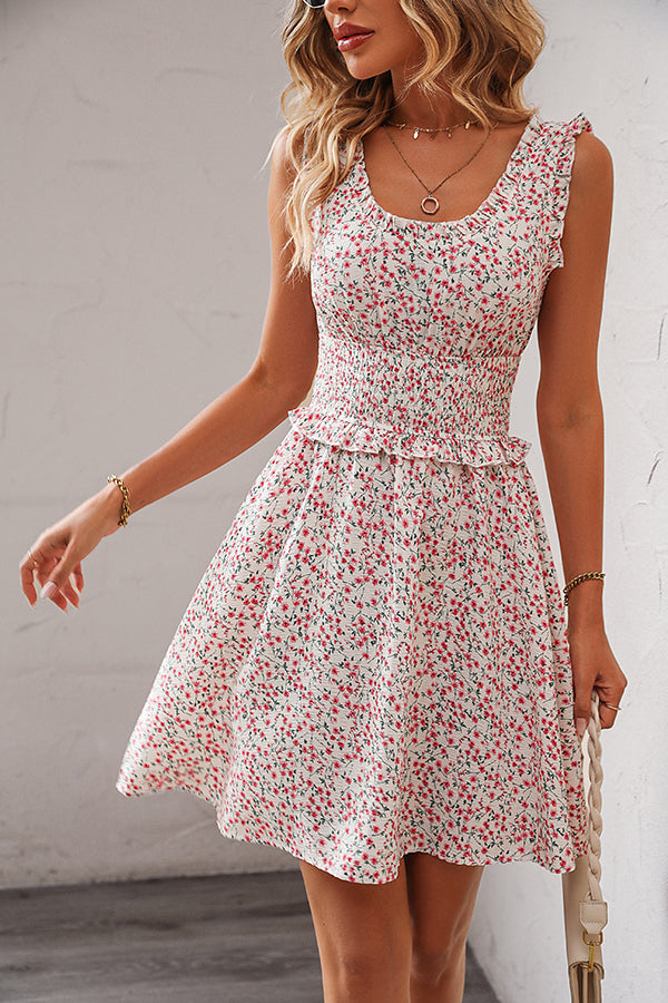 Smocked Waist Floral Print Casual Dress