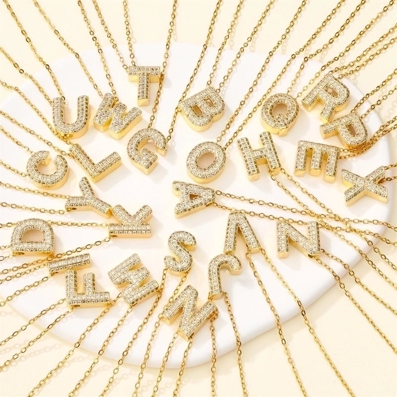 Copper 18K Gold Plated Casual Minimalist Inlay Letter Zircon Pendant Necklace