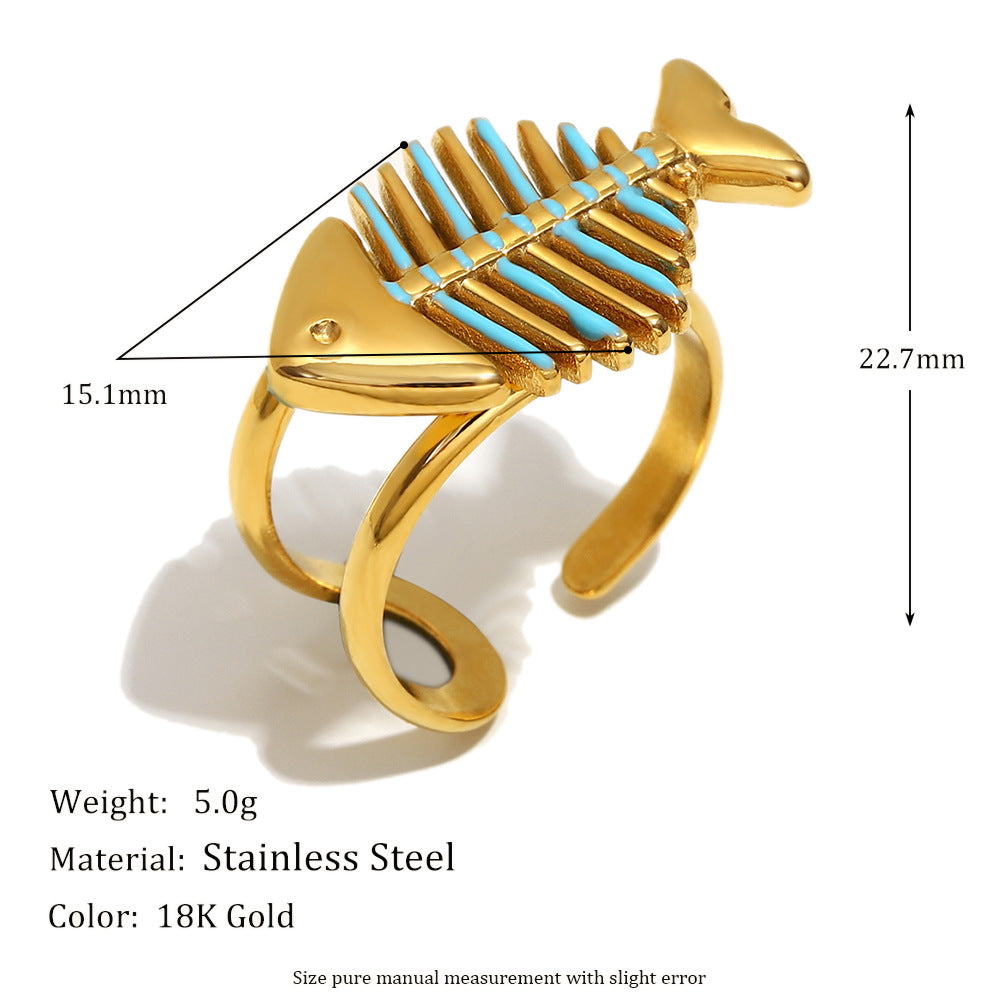 Niche Trend Stainless Steel 18K Gold Plated Cross Line Fishbone Flower Crab Turtle Open Ring