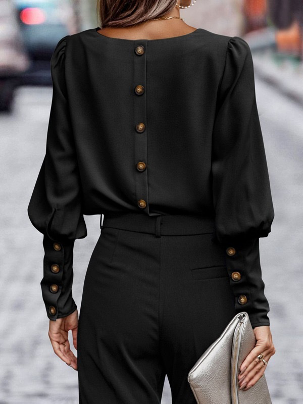 Long Sleeves Loose Buttoned Pleated Solid Color Round-Neck Blouses&Shirts Tops