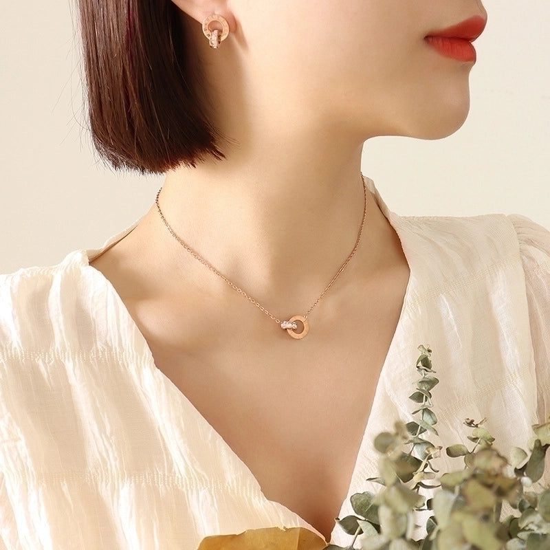 Fashion Round Titanium Steel Inlay Zircon Earrings Necklace