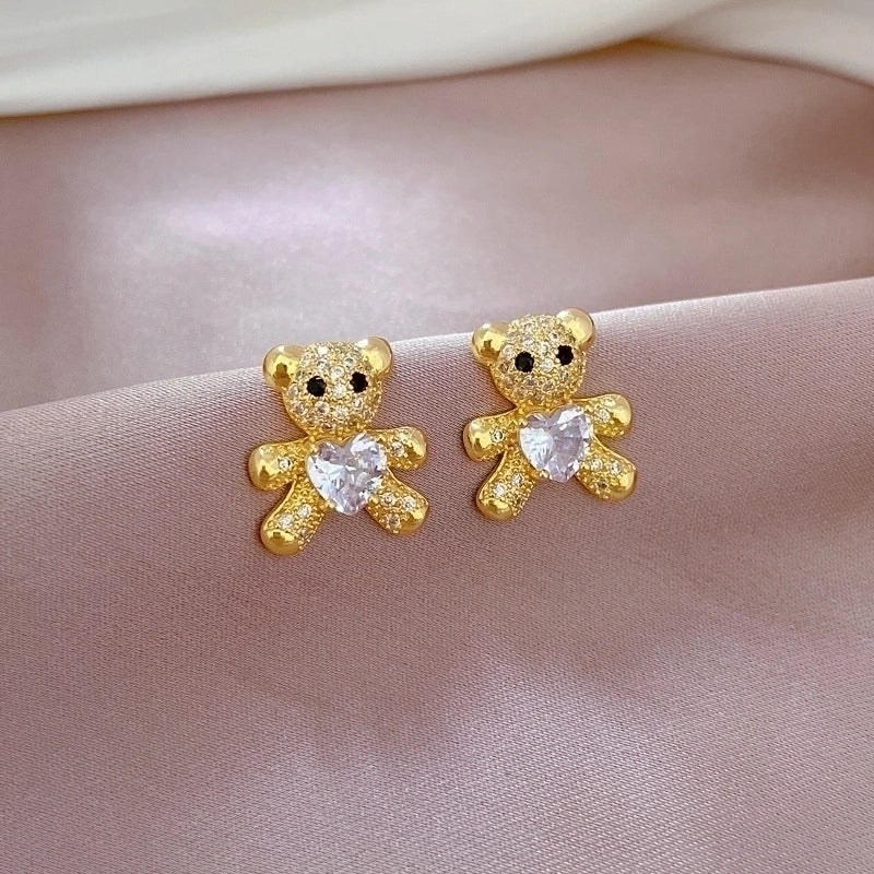 Classic Style Bear Heart Shape Titanium Steel Copper Plating Inlay Zircon Earrings Necklace