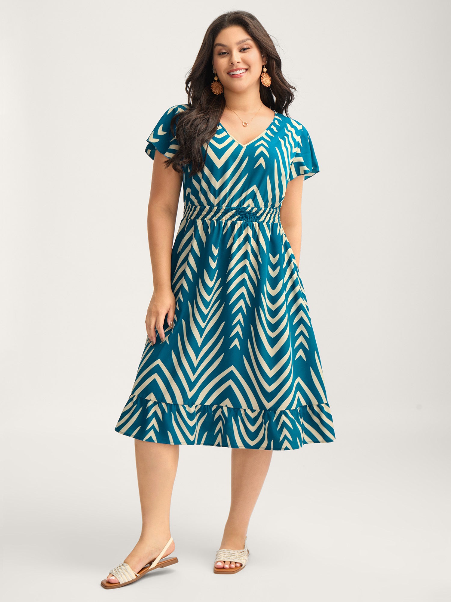 Geometric Print Cinched-Waist Midi Dress