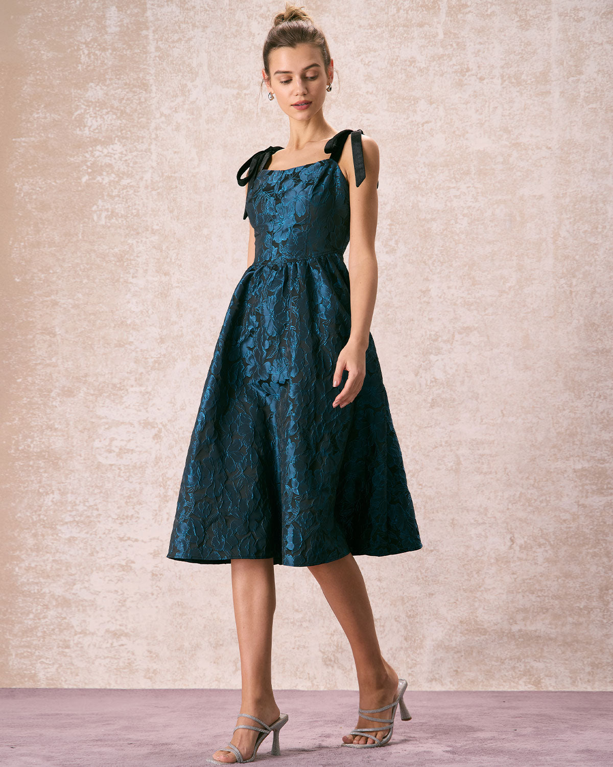 The Navy Tie Shoulder Jacquard Midi Dress