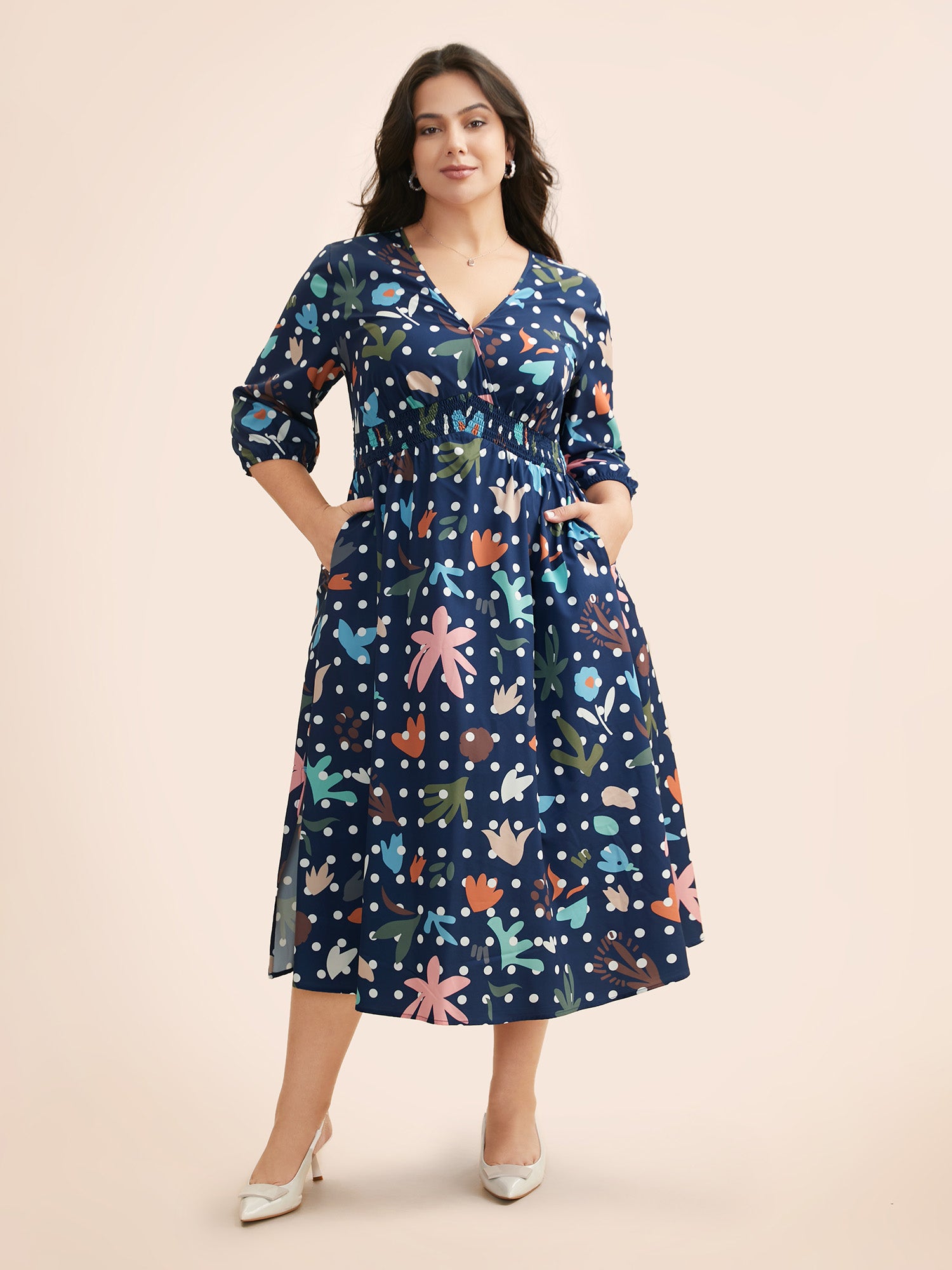 Overlap Collar Polka Dot Floral Shirred Dress