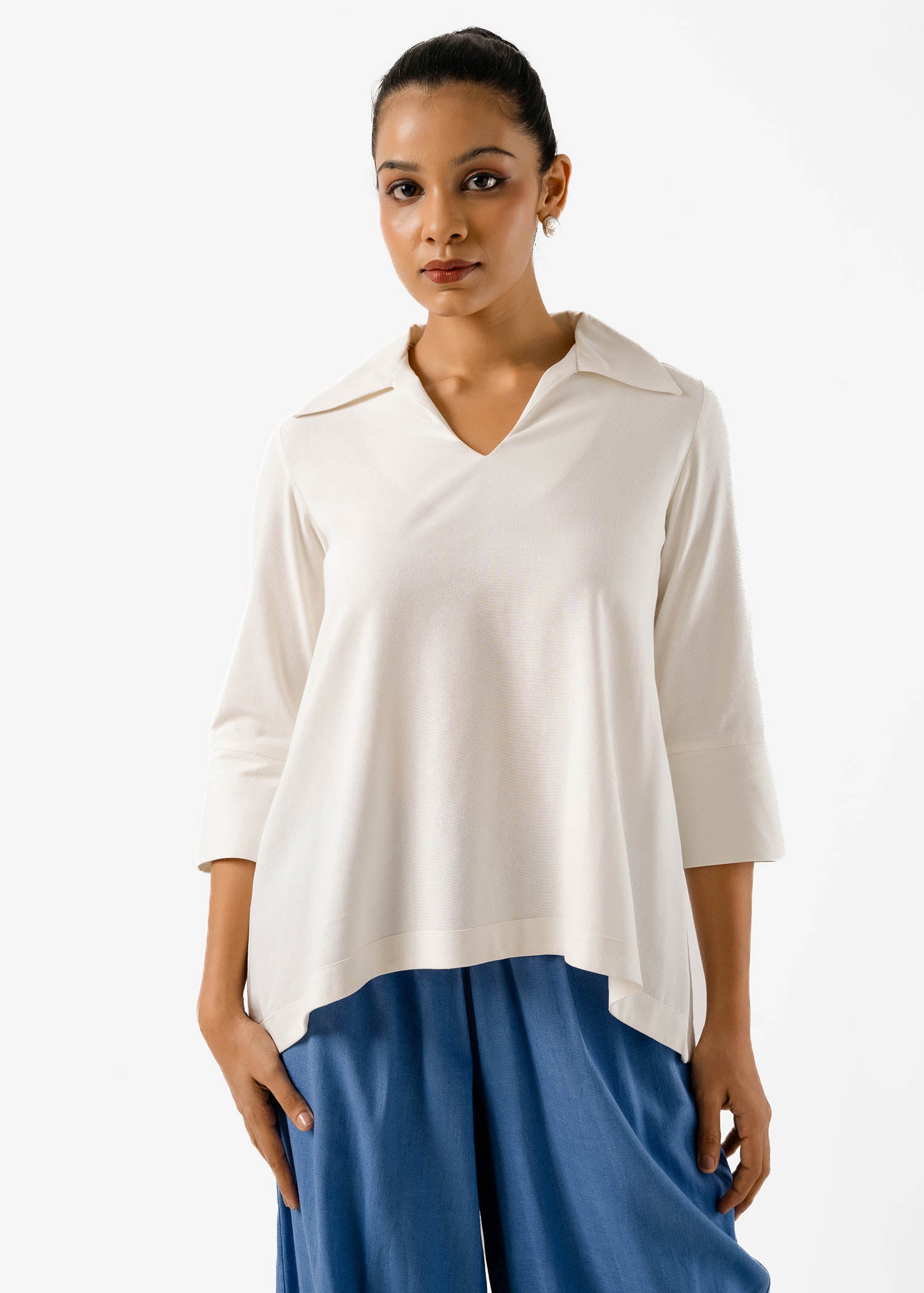 Three Quarter Sleeve Blouse With Collar