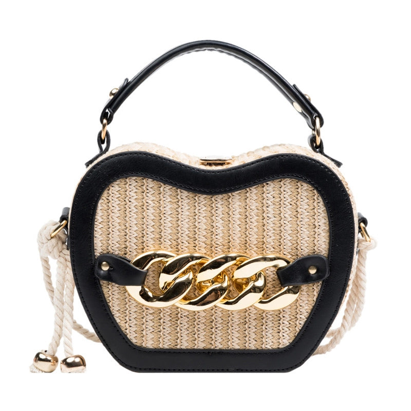 Women's Small Straw Color Block Streetwear Chain Lock Clasp Crossbody Bag
