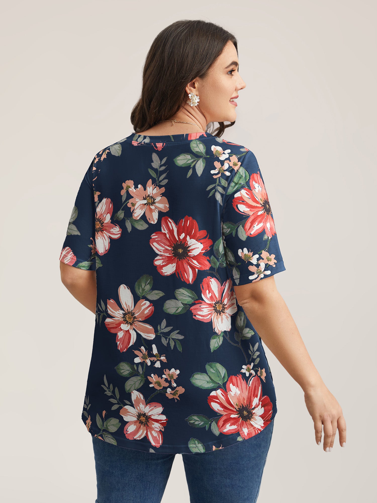 Multi-Color Floral Print V-Neck T-Shirt