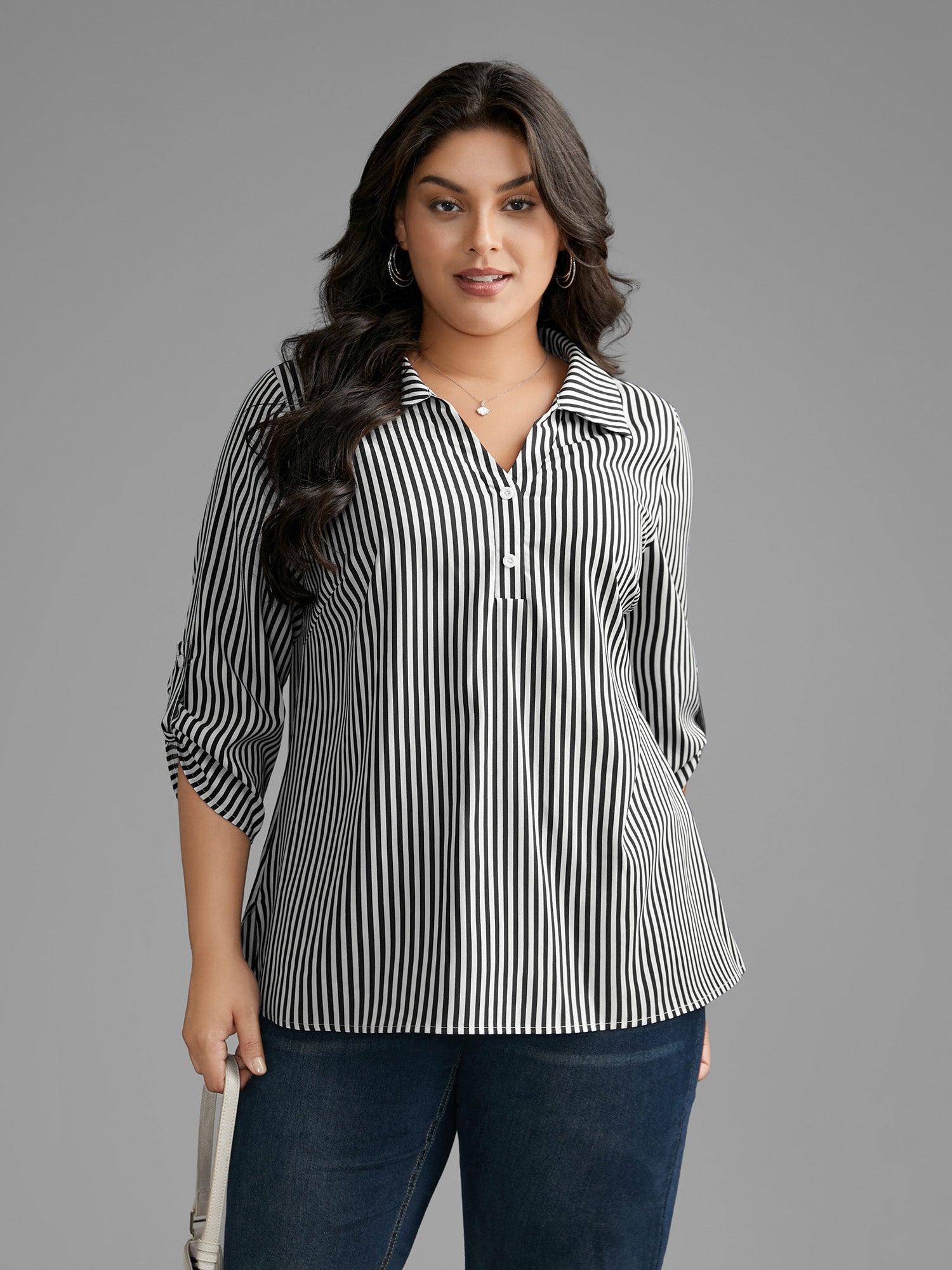 Striped Button Cuff Sleeve Split Hem Blouse