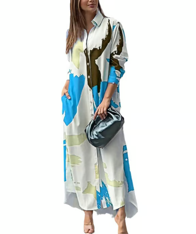 Printed Loose Fit Split Hem Shirt Dress