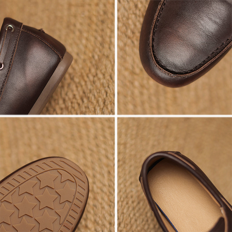 Vintage Leather Lace-Up Loafers Round Toe Flat Oxford Shoes in Light Brown/Deep Brown/Caramel/Apricot
