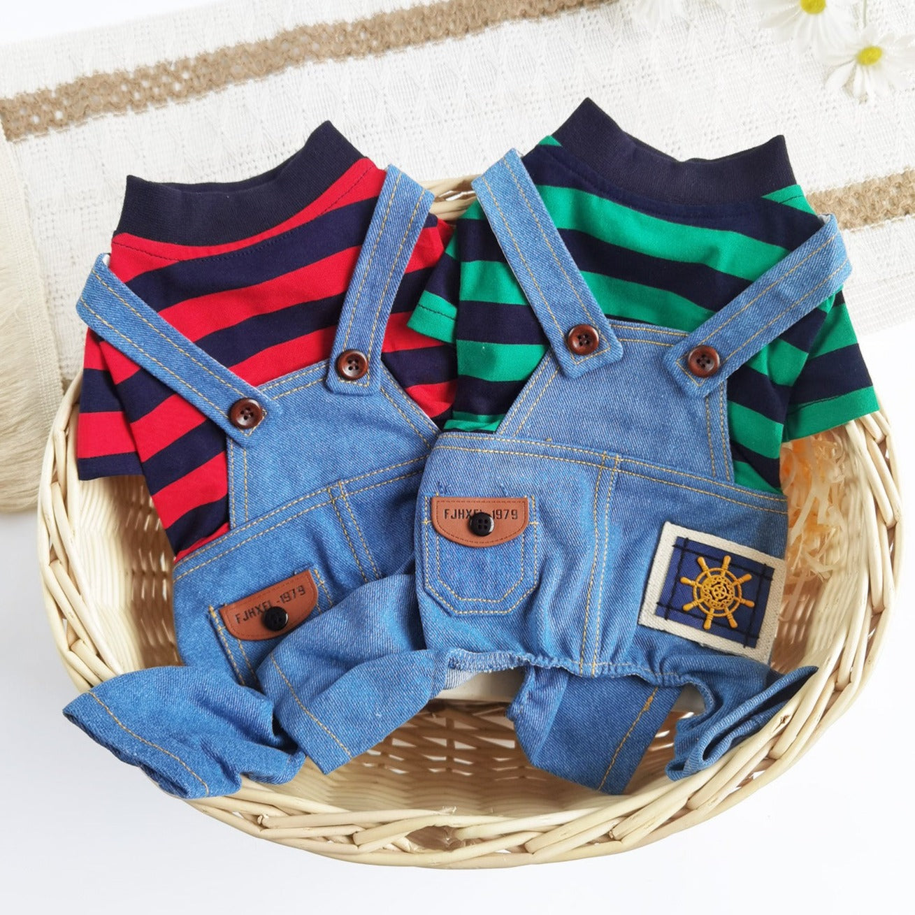 Contrast Color Striped Denim Dog Jumpsuits