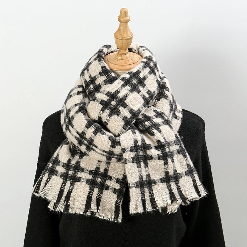 Tic Grid Striped Scarf Women's Winter High Sense  Warm Versatile Winter Bib Shawl Dual-Use