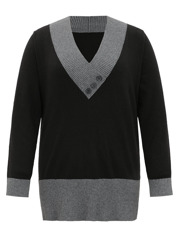 Supersoft Essentials Contrast Deep V Neck Button Detail Pullover