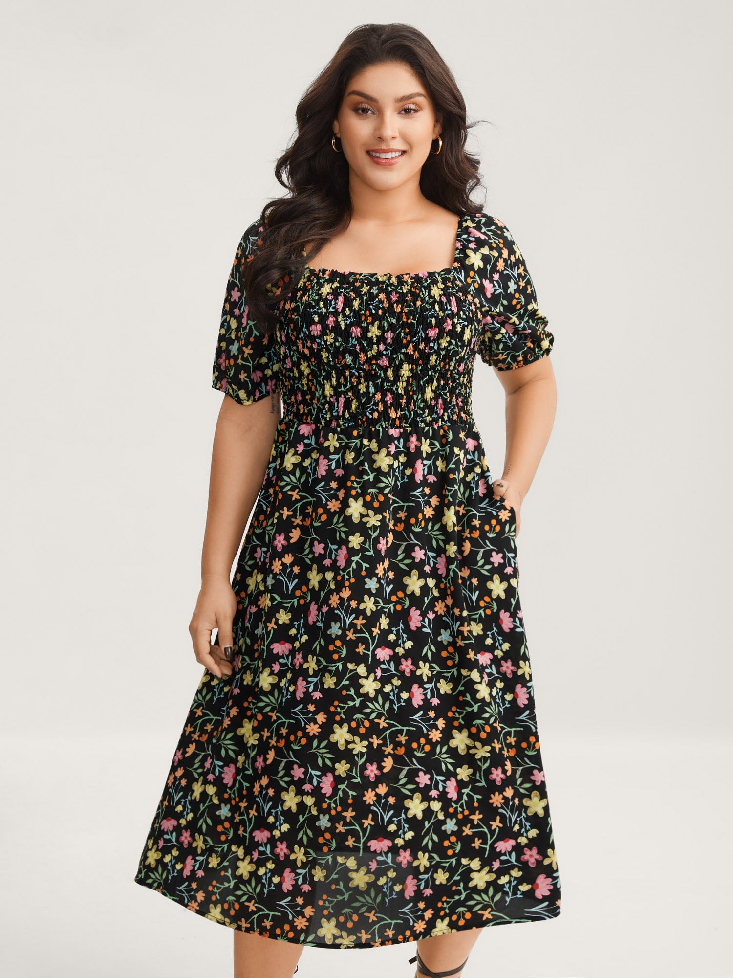 Floral Print Shirred Pockets Midi Dress