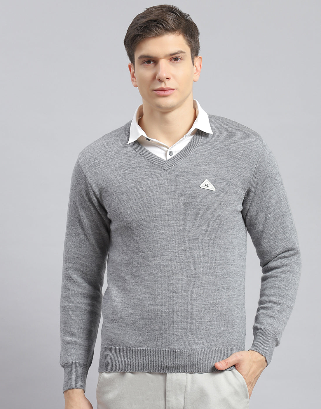 Men Grey Melange Solid V Neck Full Sleeve Pullover