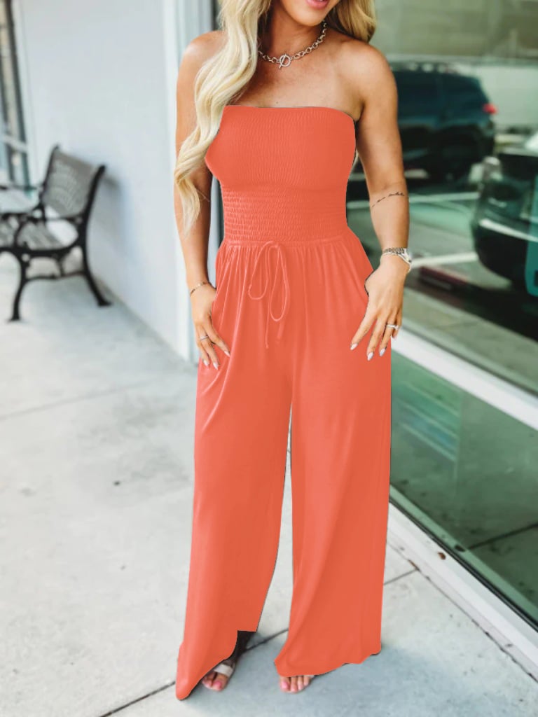 🔥LAST DAY PROMOTION - 49% OFF🔥Off Shoulder Solid Color Smocked Jumpsuit