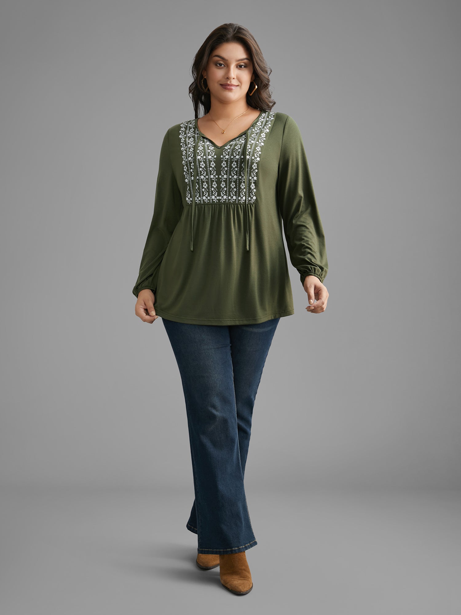 Floral Embroidered Tie Knot Gathered Jersey Top