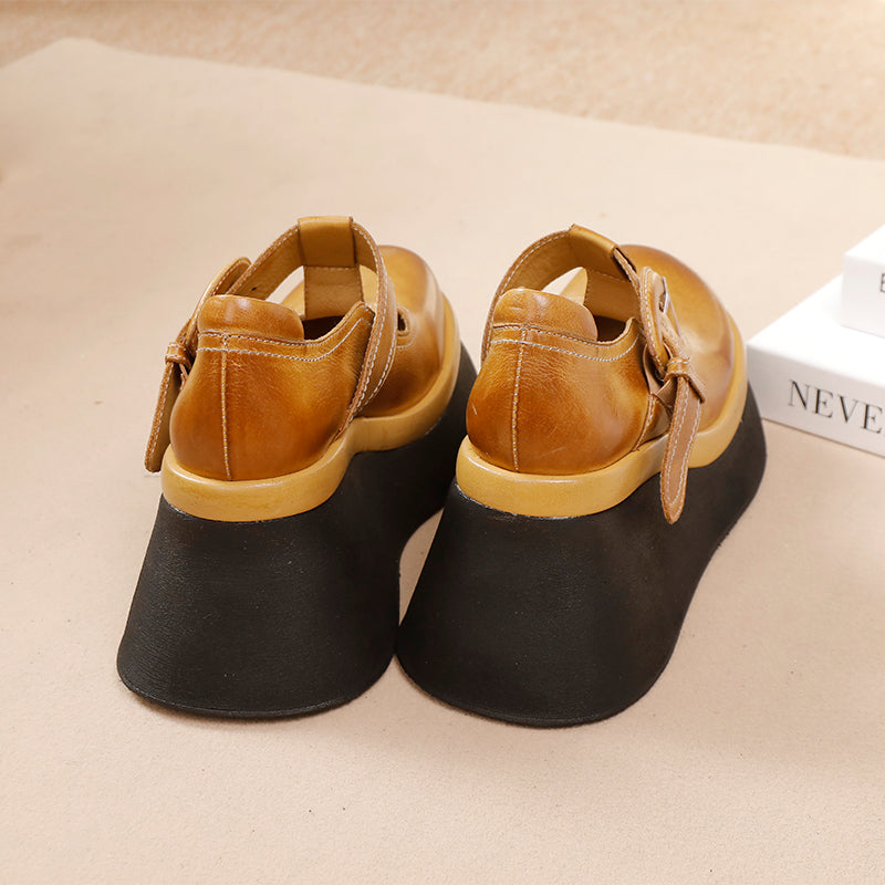 80mm Heel Chunky Platform T-Straps Cowhide Wedges Mary Jane in Khaki/Black
