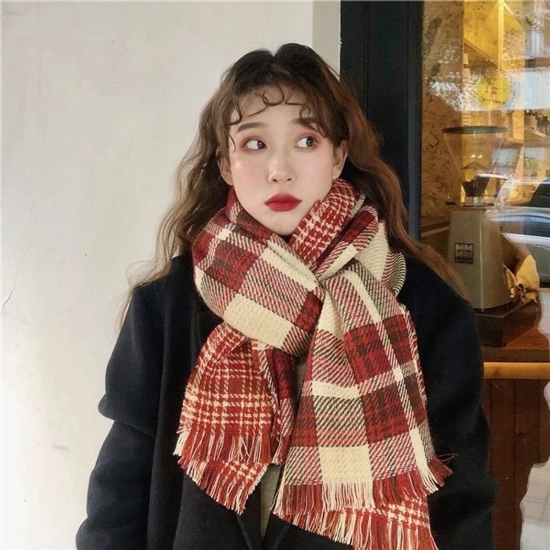 Plaid Scarf Women's Winter High-grade Gradient Mohair Thickened Warm Scarf New Cashmere-like Shawl
