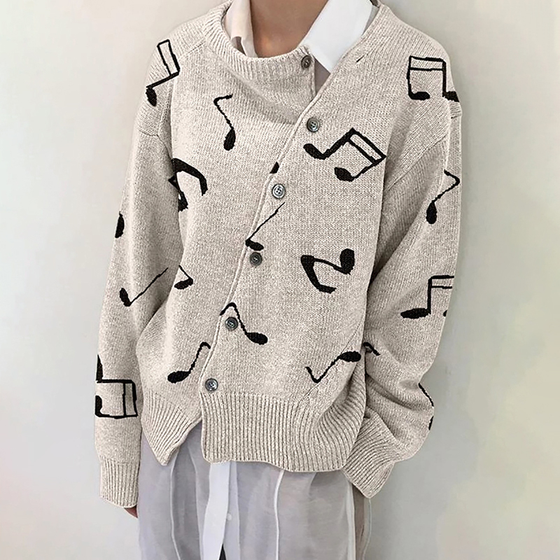 Musical Jacquard Diagonal Button Irregular Sweater Cardigan