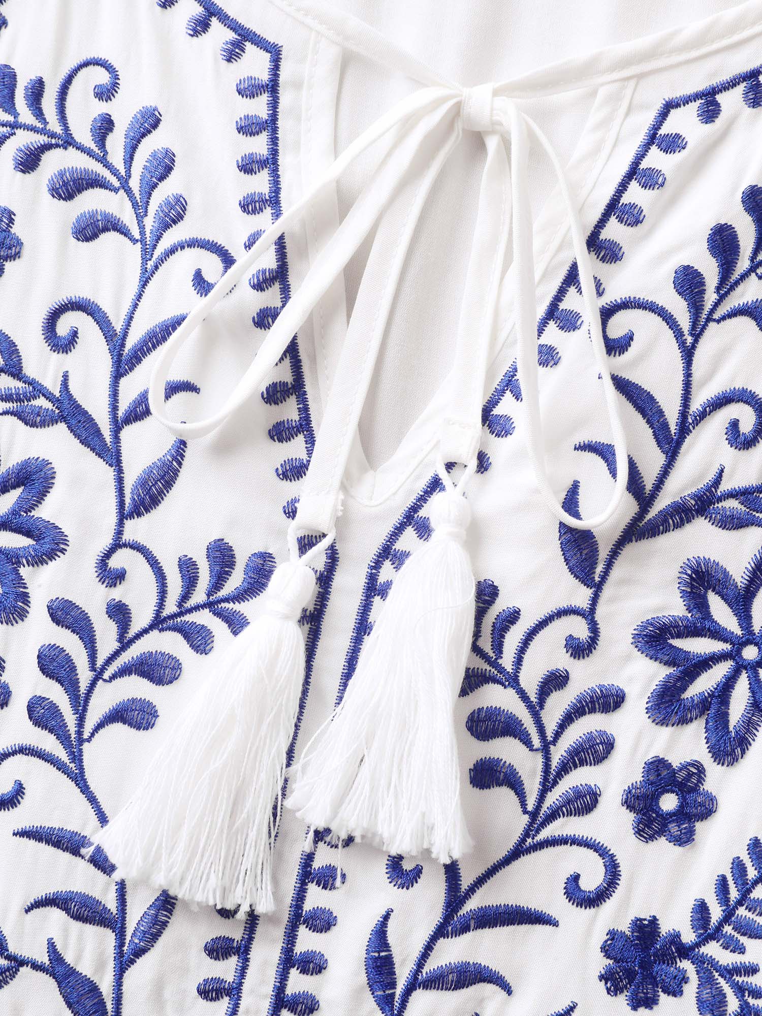 Floral Embroidery Pockets Tassels Midi Dress
