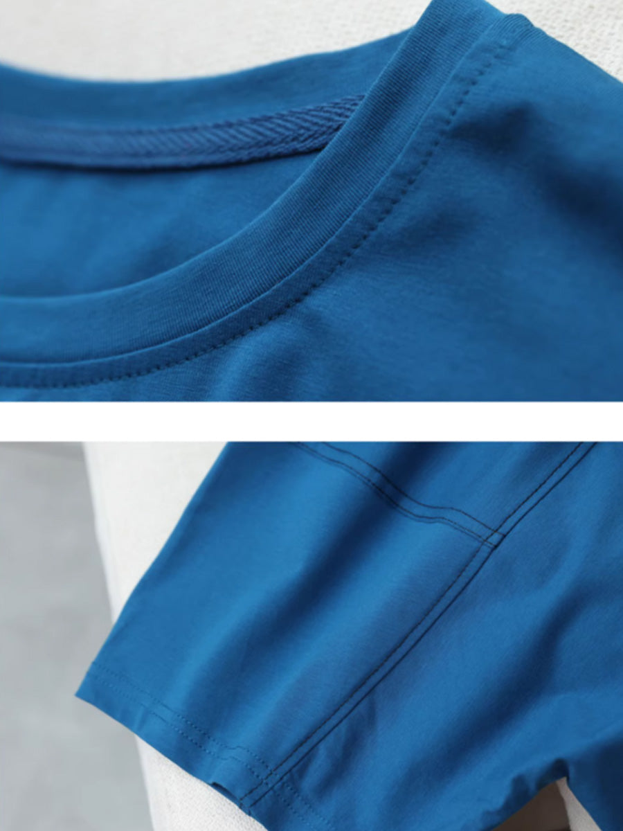 Women Summer Casual Cotton Pure Color Spliced O-Neck Shirt